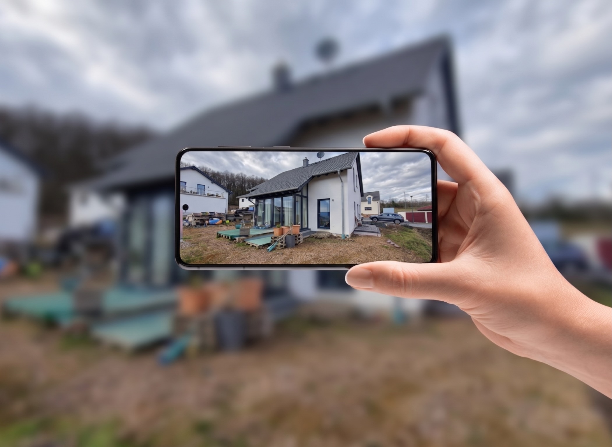 Eine Hand hält ein Smartphone im Querformat, auf dessen Display das Foto eines modernen Einfamilienhauses zu sehen ist. Das angezeigte Bild zeigt den unfertigen Ausgangszustand der Außenanlage mit provisorischer Terrasse und unangelegtem Garten unter einem bewölkten Himmel. Der unscharfe Hintergrund greift diese reale Szenerie auf.